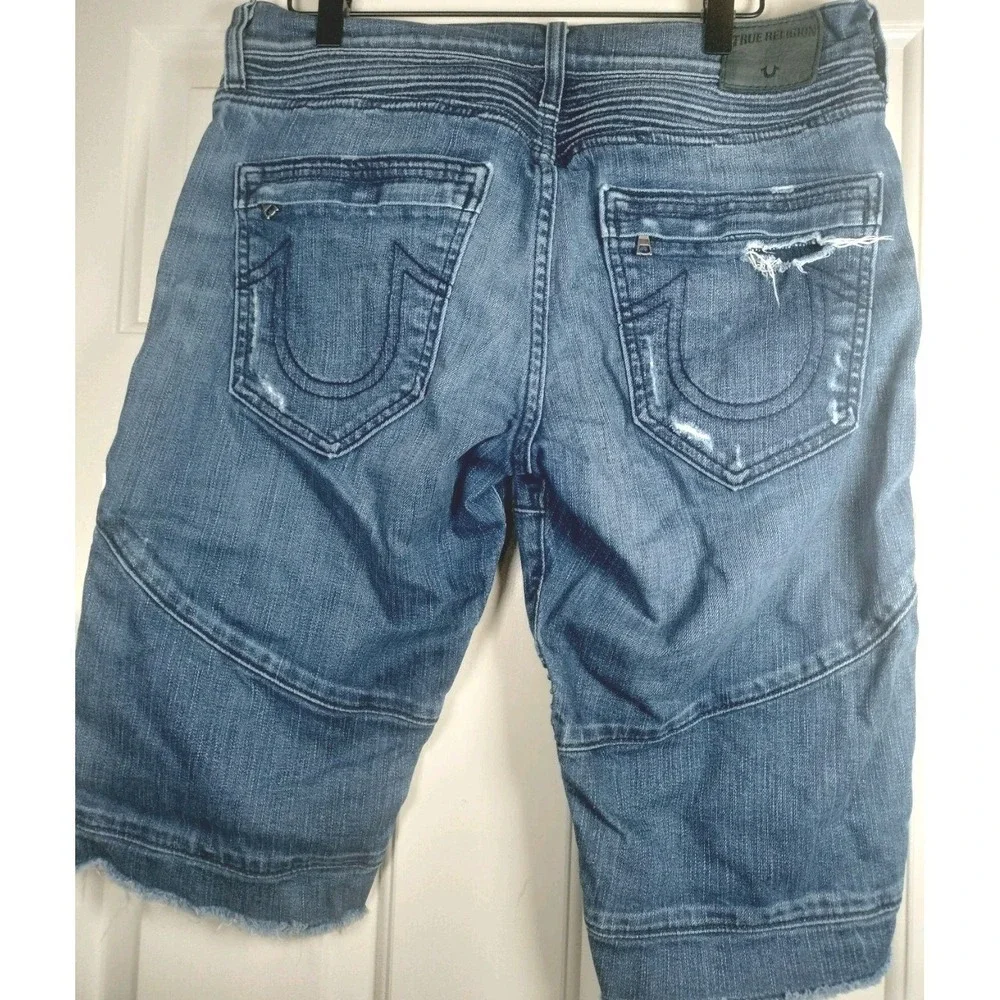 True Religion Geno Mens Denim Shorts Size 32 Distressed Moto Ribbed Slim Relaxed